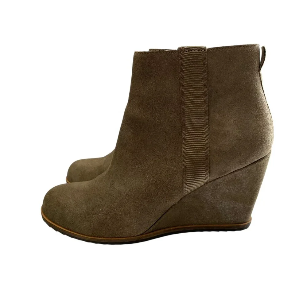 Linea‎ Paolo Suede Leather Wedge Ankle Booties Womens 9M Taupe Shimmer Zipper